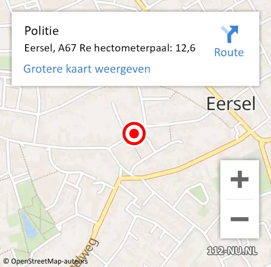 Locatie op kaart van de 112 melding: Politie Eersel, A67 Re hectometerpaal: 10,0 op 15 november 2018 08:00