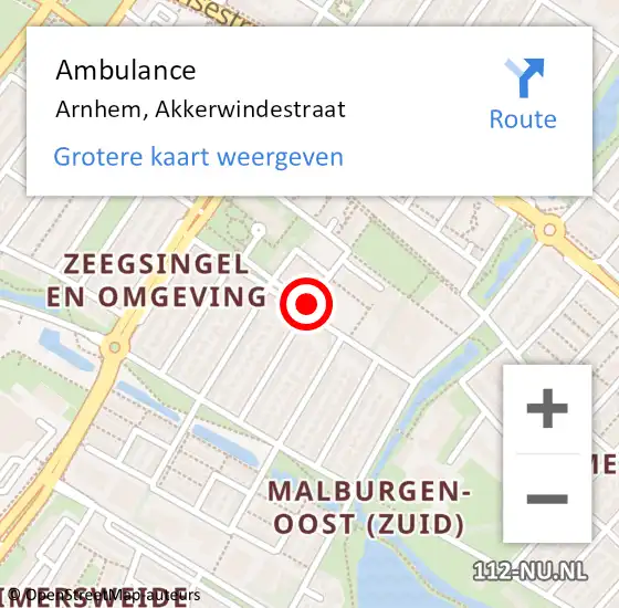 Locatie op kaart van de 112 melding: Ambulance Arnhem, Akkerwindestraat op 15 november 2018 10:21