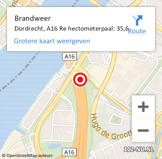 Locatie op kaart van de 112 melding: Brandweer Dordrecht, A16 Re hectometerpaal: 41,5 op 15 november 2018 17:00