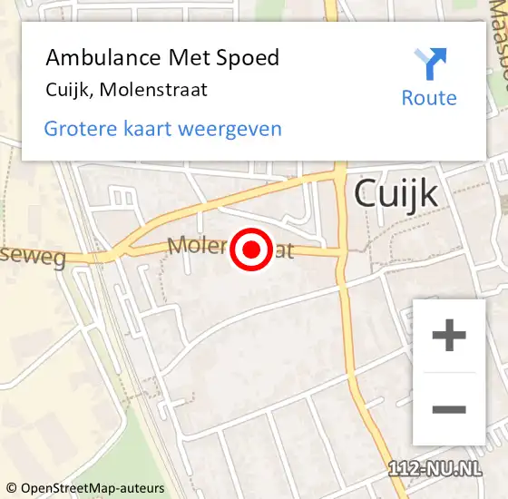 Locatie op kaart van de 112 melding: Ambulance Met Spoed Naar Cuijk, Molenstraat op 15 november 2018 19:12