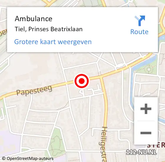 Locatie op kaart van de 112 melding: Ambulance Tiel, Prinses Beatrixlaan op 15 november 2018 21:34