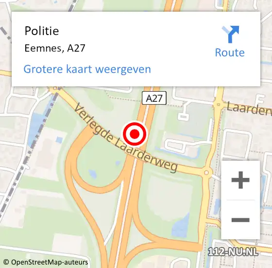 Locatie op kaart van de 112 melding: Politie Eemnes, A27 op 19 november 2018 06:53