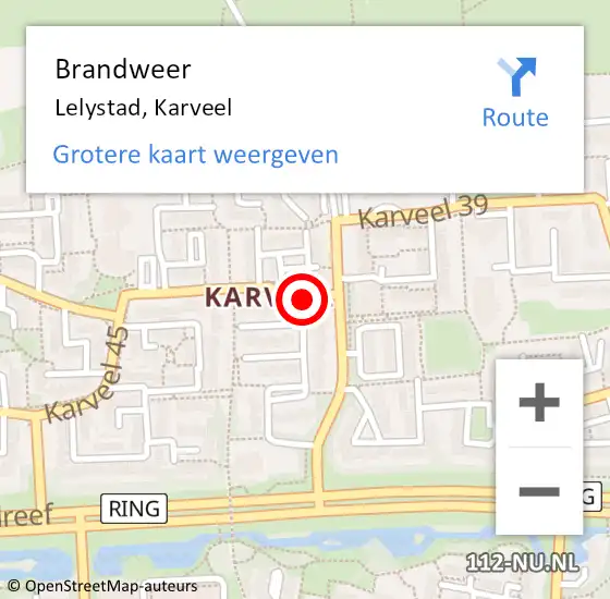 Locatie op kaart van de 112 melding: Brandweer Lelystad, Karveel op 19 november 2018 17:43