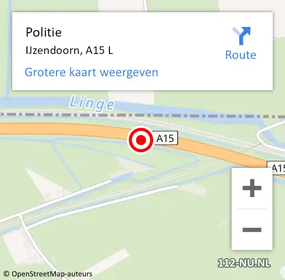 Locatie op kaart van de 112 melding: Politie IJzendoorn, A15 L op 19 november 2018 21:46