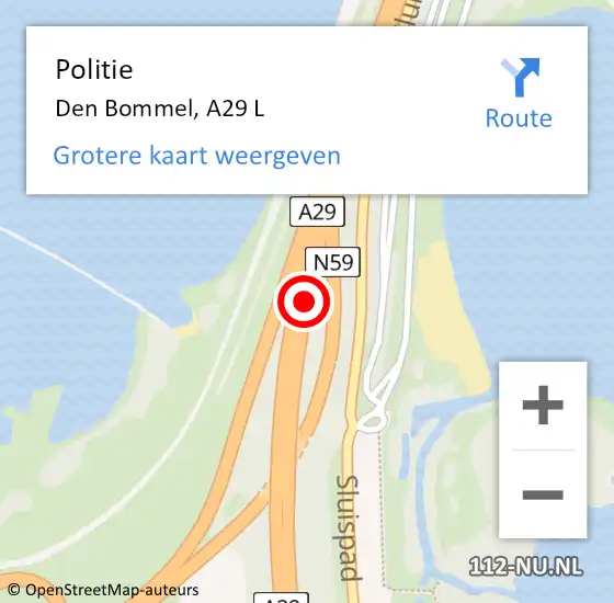Locatie op kaart van de 112 melding: Politie Den Bommel, A29 L op 21 november 2018 10:50