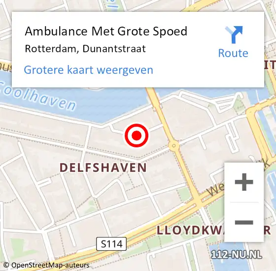 Locatie op kaart van de 112 melding: Ambulance Met Grote Spoed Naar Rotterdam, Dunantstraat op 22 november 2018 10:55