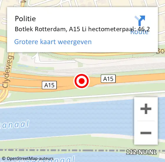 Locatie op kaart van de 112 melding: Politie Botlek Rotterdam, A15 Re op 22 november 2018 15:18
