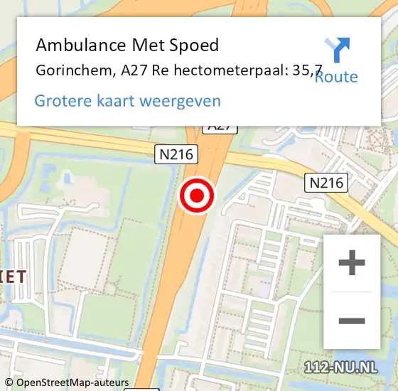Locatie op kaart van de 112 melding: Ambulance Met Spoed Naar Gorinchem, A27 Re op 22 november 2018 22:17