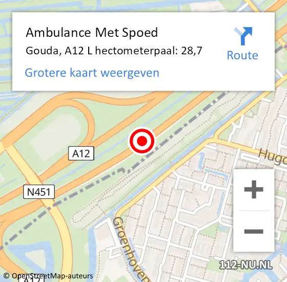 Locatie op kaart van de 112 melding: Ambulance Met Spoed Naar Gouda, A12 L hectometerpaal: 28,7 op 2 december 2018 13:00
