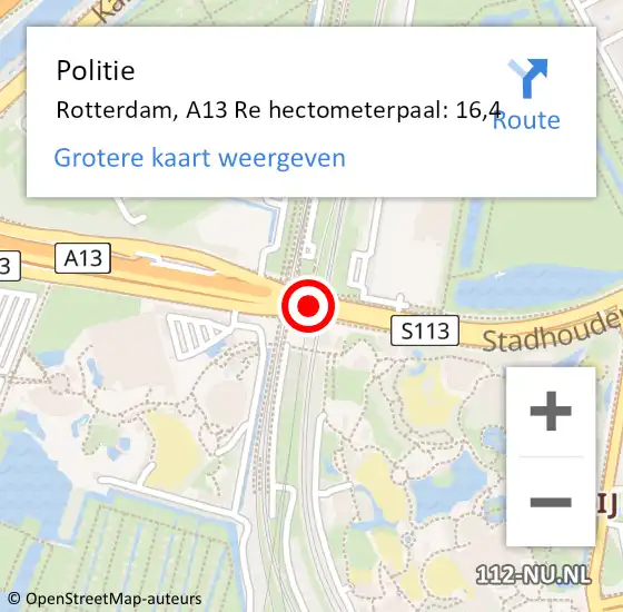 Locatie op kaart van de 112 melding: Politie Rotterdam, A13 Re hectometerpaal: 16,4 op 2 december 2018 15:37