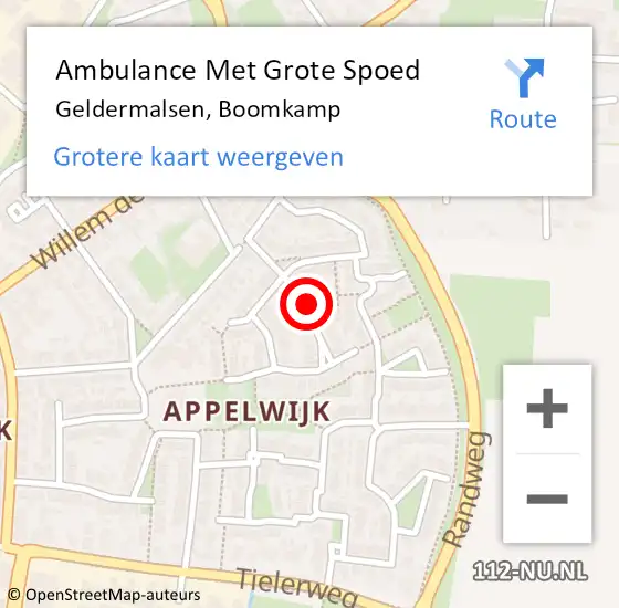 Locatie op kaart van de 112 melding: Ambulance Met Grote Spoed Naar Geldermalsen, Boomkamp op 2 december 2018 19:19