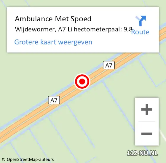 Locatie op kaart van de 112 melding: Ambulance Met Spoed Naar Wijdewormer, A7 Li hectometerpaal: 9,8 op 3 december 2018 05:38