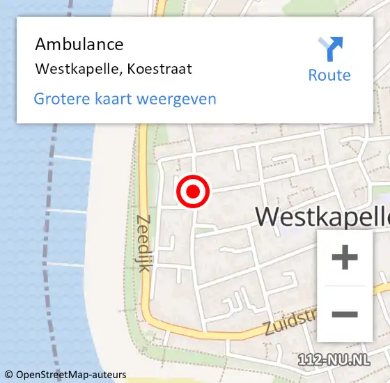 Locatie op kaart van de 112 melding: Ambulance Westkapelle, Koestraat op 4 december 2018 01:37