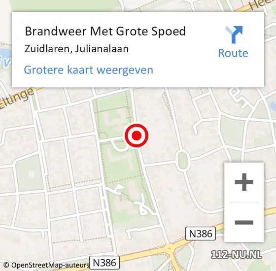 Locatie op kaart van de 112 melding: Brandweer Met Grote Spoed Naar Zuidlaren, Julianalaan op 4 december 2018 19:39