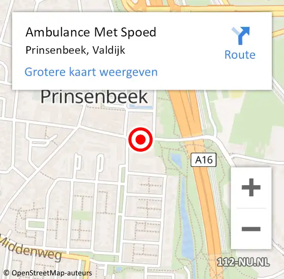 Locatie op kaart van de 112 melding: Ambulance Met Spoed Naar Prinsenbeek, Valdijk op 6 december 2018 13:35