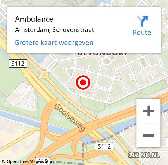 Locatie op kaart van de 112 melding: Ambulance Amsterdam, Schovenstraat op 6 december 2018 20:48