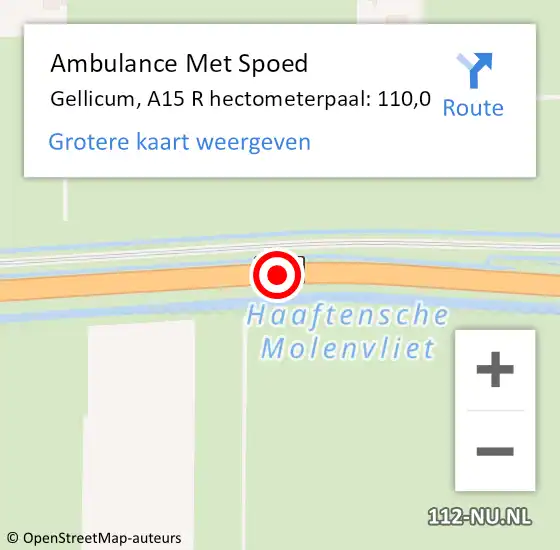 Locatie op kaart van de 112 melding: Ambulance Met Spoed Naar Gellicum, A15 R hectometerpaal: 110,0 op 8 december 2018 12:26