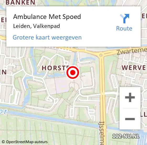Locatie op kaart van de 112 melding: Ambulance Met Spoed Naar Leiden, Valkenpad op 9 december 2018 18:12