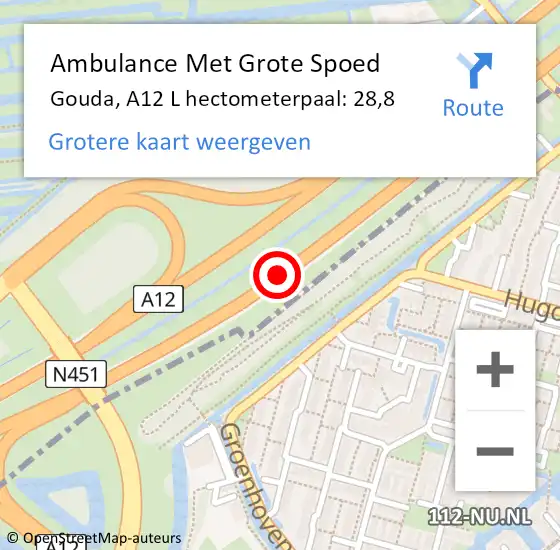 Locatie op kaart van de 112 melding: Ambulance Met Grote Spoed Naar Gouda, A12 L hectometerpaal: 28,8 op 13 december 2018 12:31