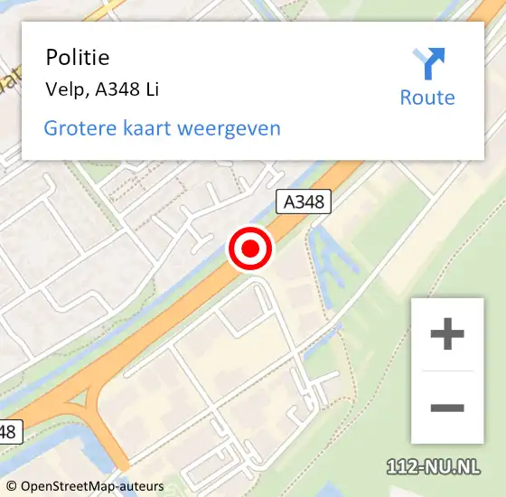 Locatie op kaart van de 112 melding: Politie Velp, A348 Li op 14 december 2018 07:30