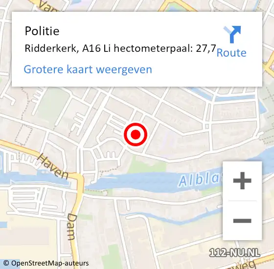 Locatie op kaart van de 112 melding: Politie Dordrecht, A16 Li hectometerpaal: 38,5 op 19 december 2018 00:29
