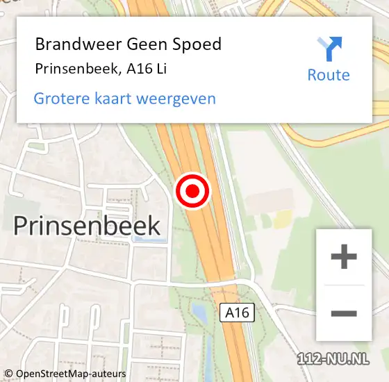 Locatie op kaart van de 112 melding: Brandweer Geen Spoed Naar Prinsenbeek, A16 Li op 19 december 2018 10:41