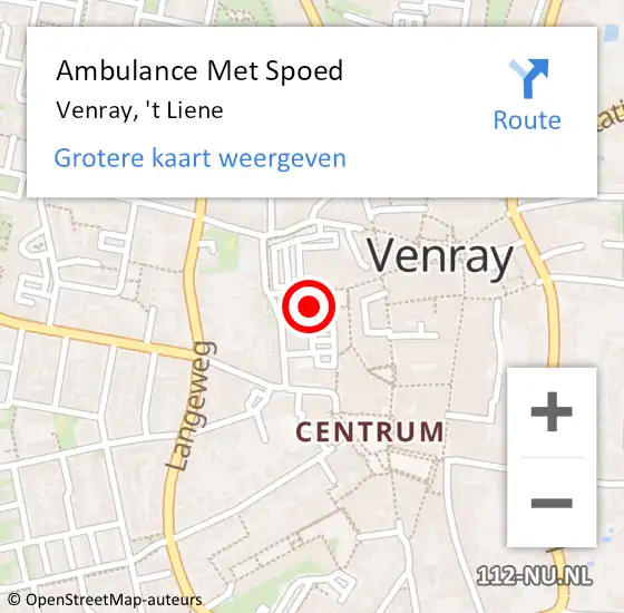 Locatie op kaart van de 112 melding: Ambulance Met Spoed Naar Venray, 'T Liene op 19 december 2018 13:48