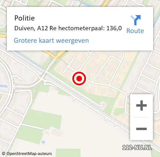 Locatie op kaart van de 112 melding: Politie Duiven, A12 Re op 20 december 2018 02:33