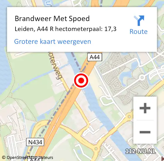 Locatie op kaart van de 112 melding: Brandweer Met Spoed Naar Leiden, A44 R hectometerpaal: 17,3 op 21 december 2018 13:39