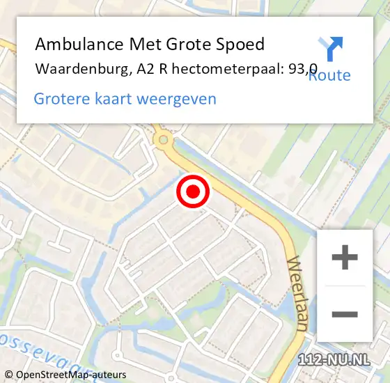 Locatie op kaart van de 112 melding: Ambulance Met Grote Spoed Naar Waardenburg, A2 R hectometerpaal: 93,0 op 29 december 2018 18:30