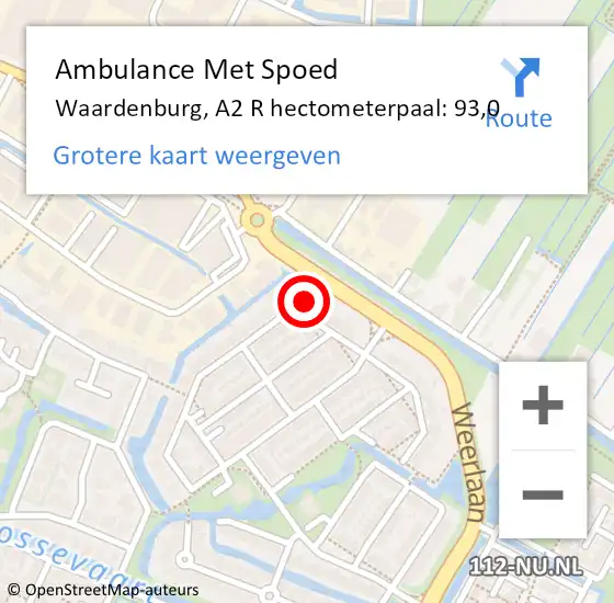 Locatie op kaart van de 112 melding: Ambulance Met Spoed Naar Waardenburg, A2 R hectometerpaal: 93,0 op 29 december 2018 18:42