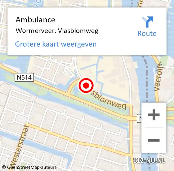 Locatie op kaart van de 112 melding: Ambulance Wormerveer, Vlasblomweg op 30 december 2018 12:39