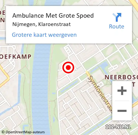 Locatie op kaart van de 112 melding: Ambulance Met Grote Spoed Naar Nijmegen, Klaroenstraat op 30 december 2018 13:49