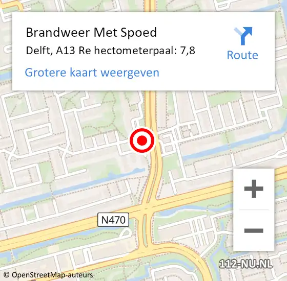 Locatie op kaart van de 112 melding: Brandweer Met Spoed Naar Delft, A13 Re hectometerpaal: 7,8 op 1 januari 2019 08:30