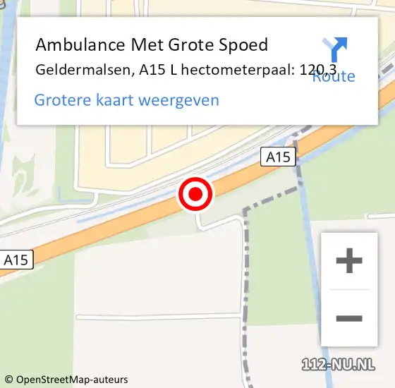Locatie op kaart van de 112 melding: Ambulance Met Grote Spoed Naar Geldermalsen, A15 L hectometerpaal: 120,3 op 10 januari 2019 10:42
