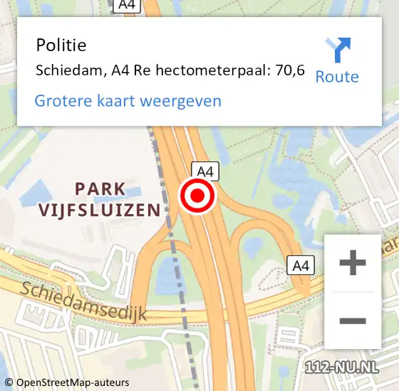 Locatie op kaart van de 112 melding: Politie Schiedam, A4 Re hectometerpaal: 71,2 op 10 januari 2019 11:25