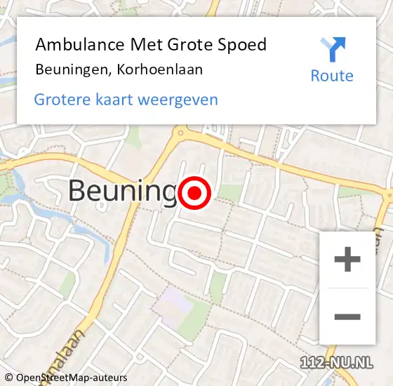Locatie op kaart van de 112 melding: Ambulance Met Grote Spoed Naar Beuningen, Korhoenlaan op 10 januari 2019 19:21
