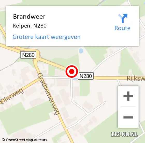 Locatie op kaart van de 112 melding: Brandweer Kelpen, N280 op 12 januari 2019 14:25