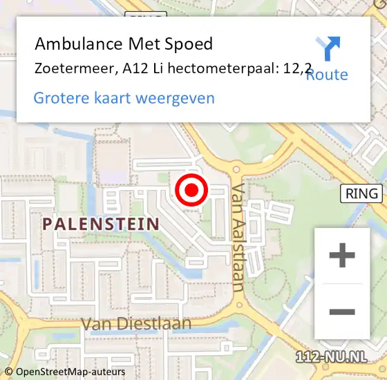 Locatie op kaart van de 112 melding: Ambulance Met Spoed Naar Zoetermeer, A12 Li hectometerpaal: 8,2 op 15 januari 2019 08:05