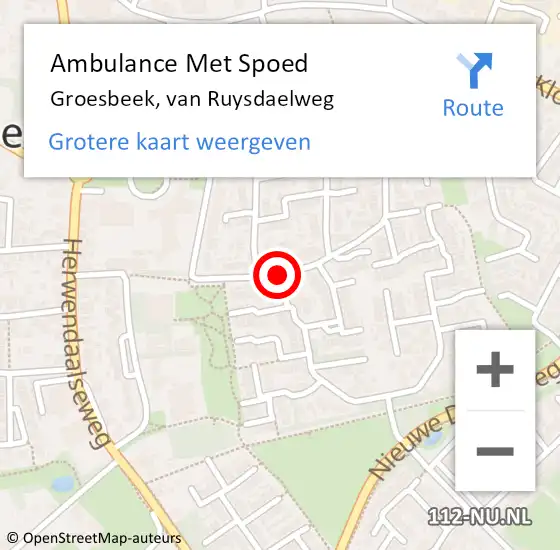 Locatie op kaart van de 112 melding: Ambulance Met Spoed Naar Groesbeek, van Ruysdaelweg op 20 januari 2019 13:32