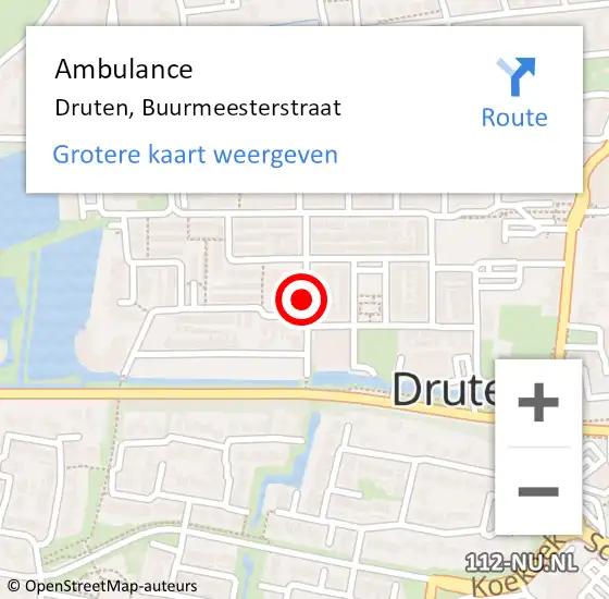Locatie op kaart van de 112 melding: Ambulance Druten, Buurmeesterstraat op 20 januari 2019 19:56
