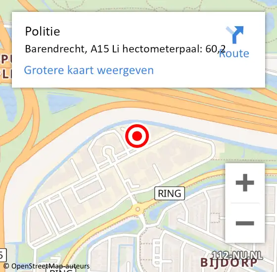 Locatie op kaart van de 112 melding: Politie Barendrecht, A15 Li hectometerpaal: 57,0 op 28 januari 2019 11:00