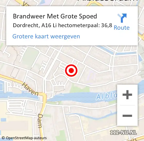 Locatie op kaart van de 112 melding: Brandweer Met Grote Spoed Naar Dordrecht, A16 Li hectometerpaal: 36,8 op 29 januari 2019 12:41