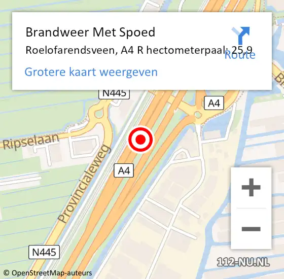 Locatie op kaart van de 112 melding: Brandweer Met Spoed Naar Roelofarendsveen, A4 L hectometerpaal: 23,2 op 9 februari 2019 10:57