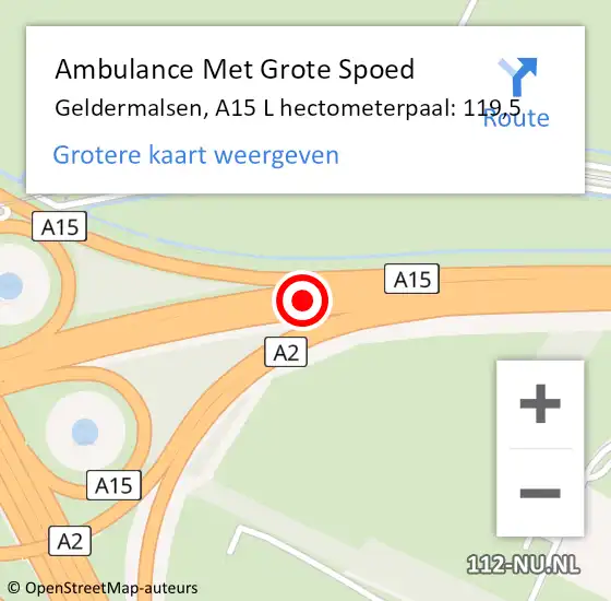 Locatie op kaart van de 112 melding: Ambulance Met Grote Spoed Naar Geldermalsen, A15 L hectometerpaal: 119,5 op 9 februari 2019 14:34