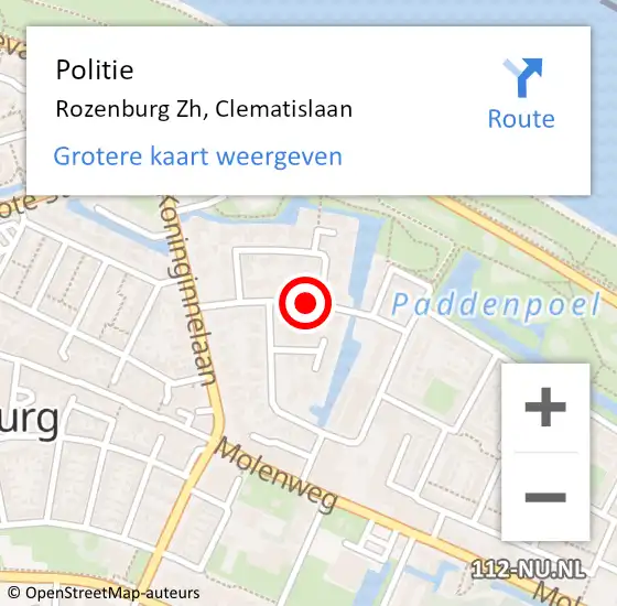 Locatie op kaart van de 112 melding: Politie Rozenburg Zh, Clematislaan op 11 februari 2019 21:55