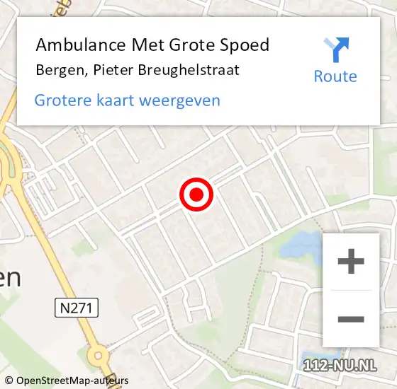 Locatie op kaart van de 112 melding: Ambulance Met Grote Spoed Naar Bergen, Pieter Breughelstraat op 12 februari 2019 12:23