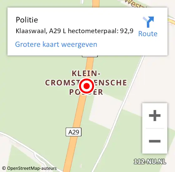 Locatie op kaart van de 112 melding: Politie Klaaswaal, A29 L hectometerpaal: 92,9 op 12 februari 2019 16:59