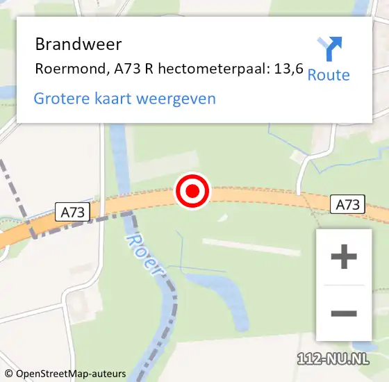 Locatie op kaart van de 112 melding: Brandweer Roermond, A73 Re op 16 februari 2019 07:03
