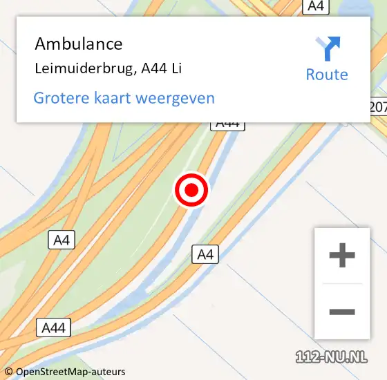 Locatie op kaart van de 112 melding: Ambulance Leimuiderbrug, A44 Li op 18 februari 2019 07:28